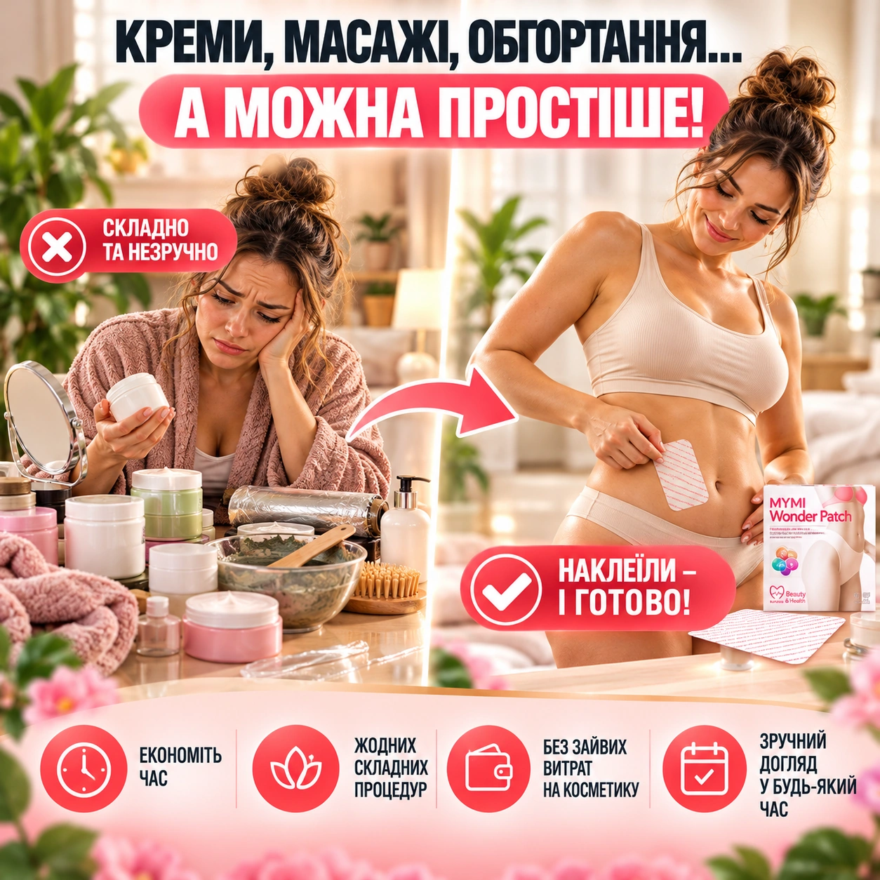 Рекламне порівняння форматів домашнього догляду та нанесення MYMI Wonder Patch; не демонстрація результату.