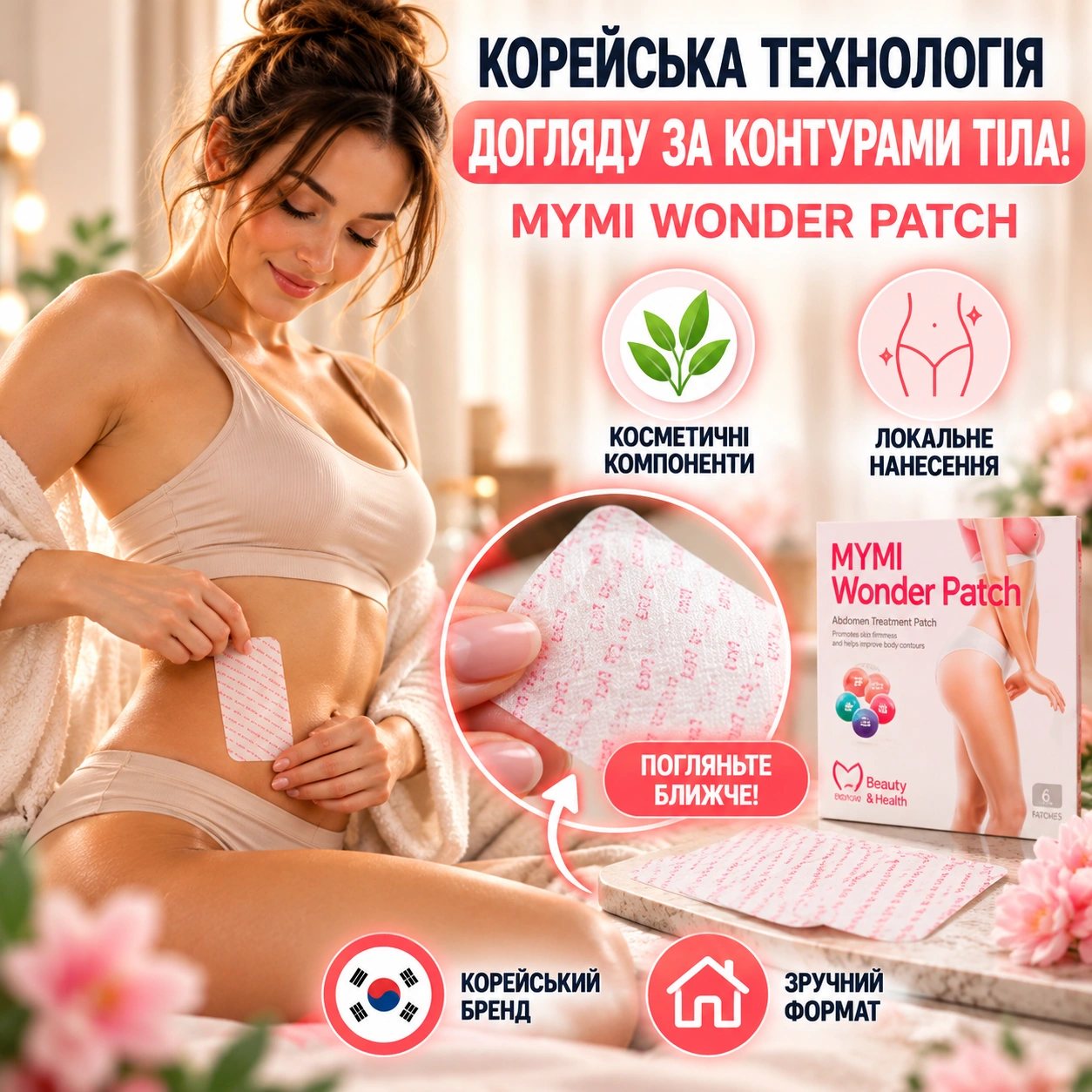 Затверджена рекламна композиція MYMI Wonder Patch: світлі пластирі, макротекстура та зображення упаковки.
